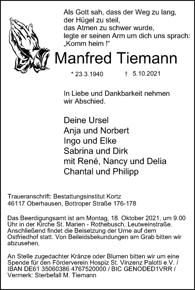  Traueranzeige für Manfred Tiemann vom 13.10.2021 aus WVW/ORA