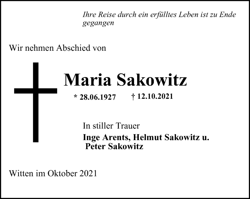  Traueranzeige für Maria Sakowitz vom 23.10.2021 aus WVW/ORA