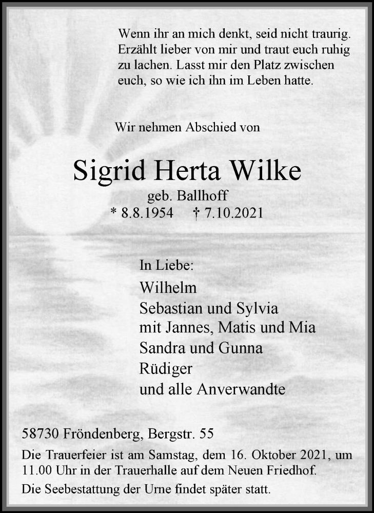  Traueranzeige für Sigrid Herta Wilke vom 13.10.2021 aus WVW Anzeigenblätter