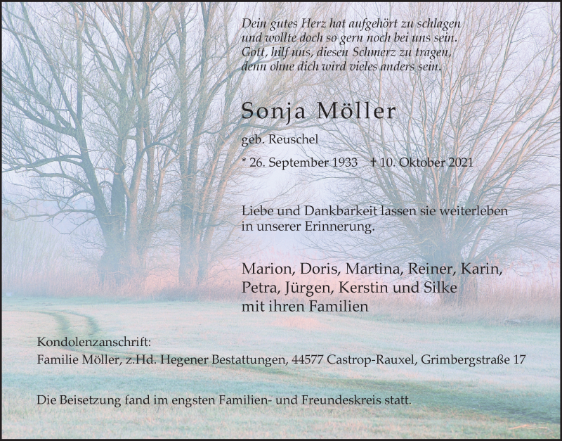  Traueranzeige für Sonja Möller vom 16.10.2021 aus WVW Anzeigenblätter