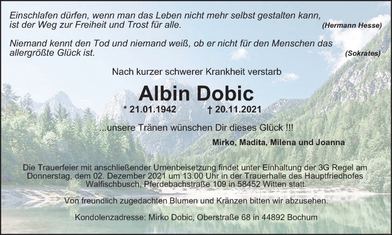  Traueranzeige für Albin Dobic vom 27.11.2021 aus WVW/ORA
