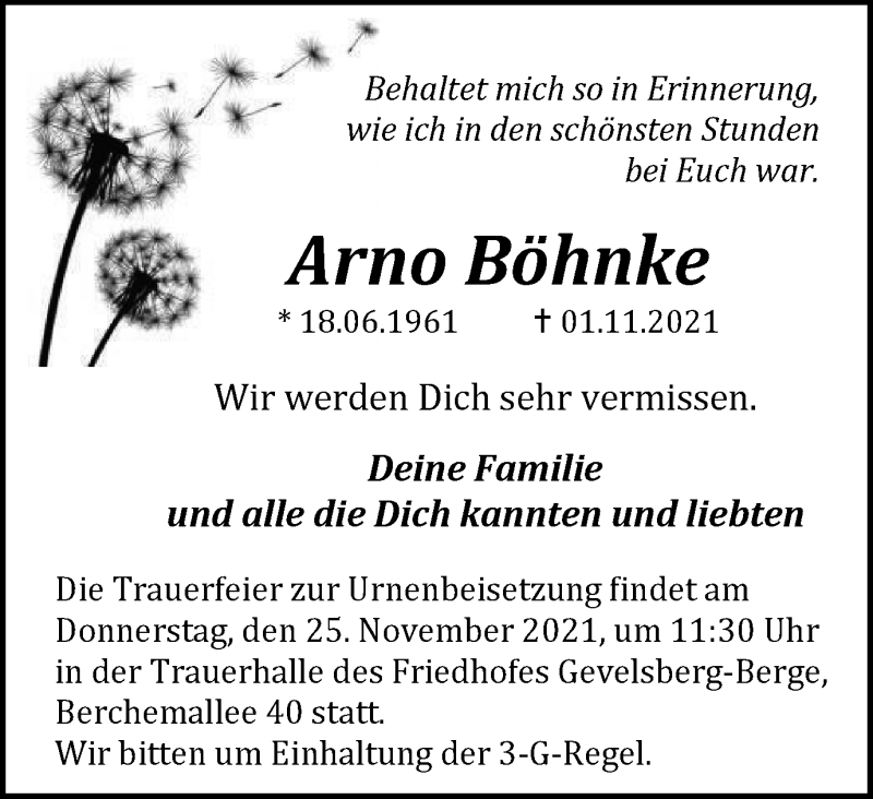  Traueranzeige für Arno Böhnke vom 20.11.2021 aus WVW/ORA