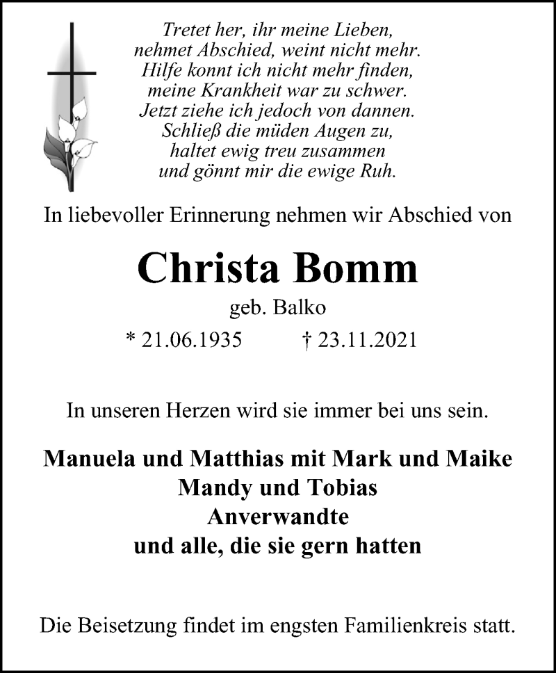  Traueranzeige für Christa Bomm vom 27.11.2021 aus WVW/ORA