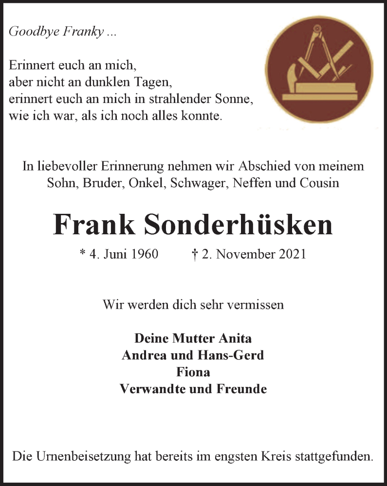  Traueranzeige für Frank Sonderhüsken vom 27.11.2021 aus WVW/ORA
