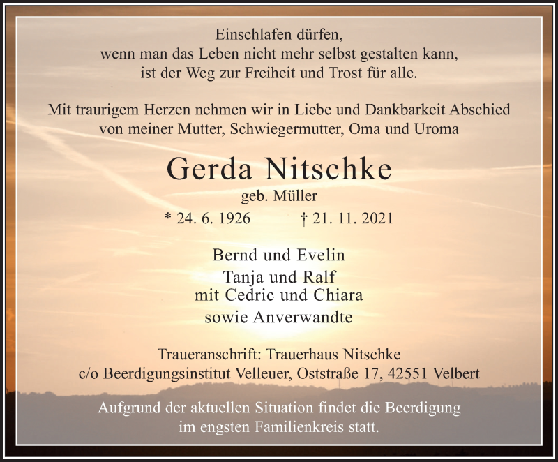  Traueranzeige für Gerda Nitschke vom 27.11.2021 aus WVW/ORA