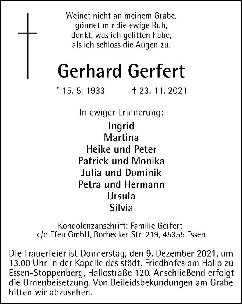  Traueranzeige für Gerhard Gerfert vom 27.11.2021 aus WVW/ORA