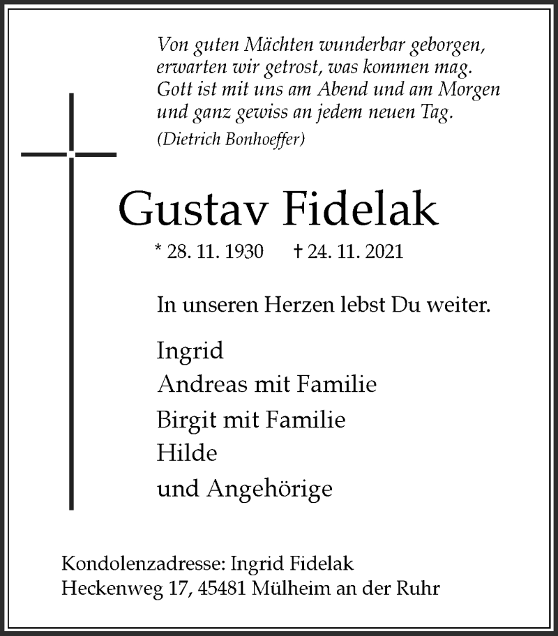  Traueranzeige für Gustav Fidelak vom 27.11.2021 aus WVW/ORA