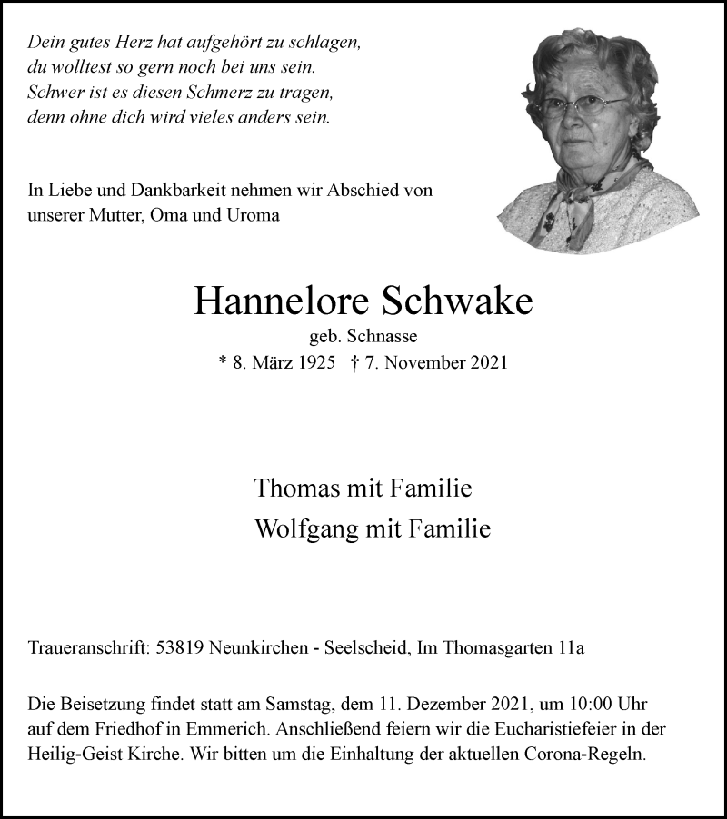  Traueranzeige für Hannelore Schwake vom 27.11.2021 aus WVW/ORA