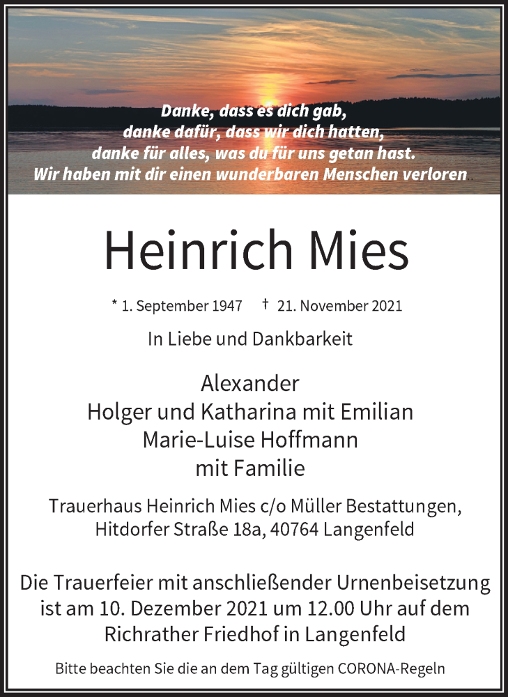  Traueranzeige für Heinrich Mies vom 27.11.2021 aus WVW/ORA