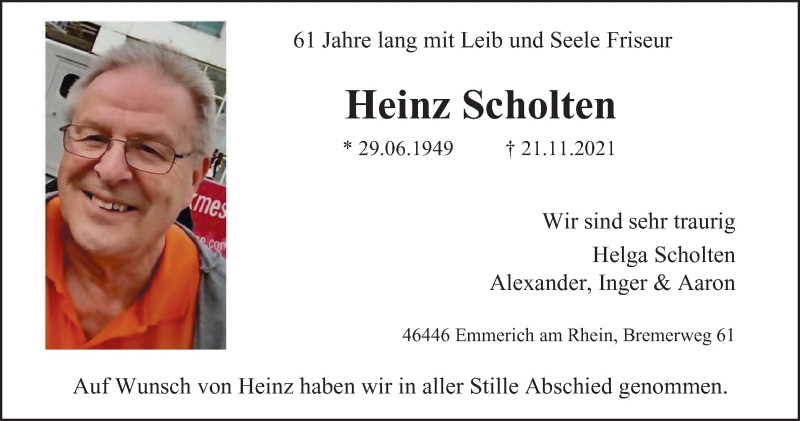  Traueranzeige für Heinz Scholten vom 27.11.2021 aus WVW/ORA