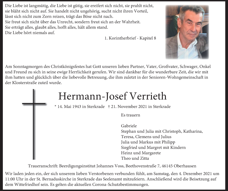  Traueranzeige für Hermann-Josef Verrieth vom 27.11.2021 aus WVW/ORA