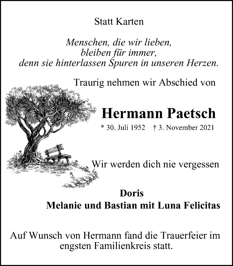  Traueranzeige für Hermann Paetsch vom 27.11.2021 aus WVW/ORA