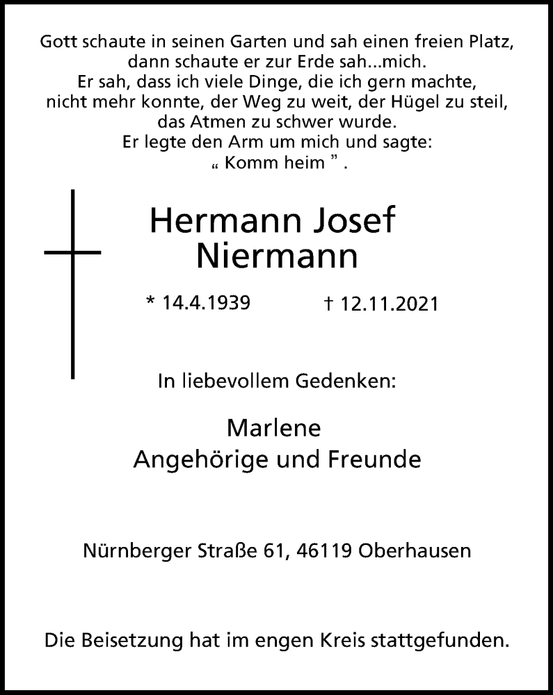  Traueranzeige für Hermann Josef Niermann vom 27.11.2021 aus WVW/ORA