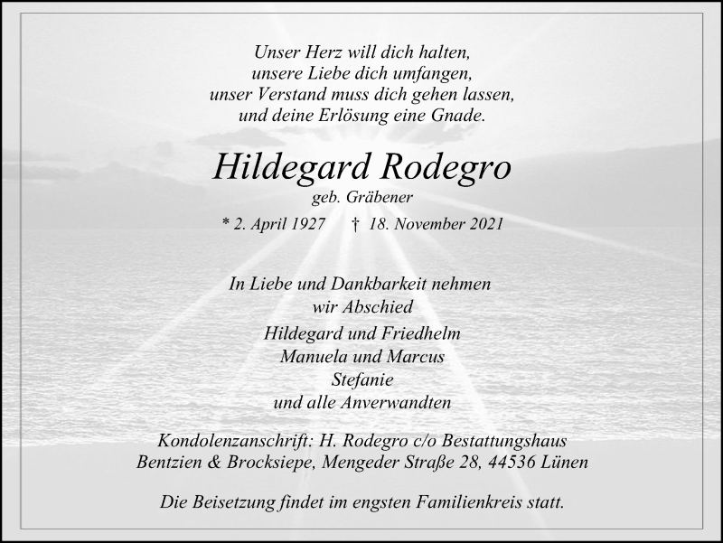  Traueranzeige für Hildegard Rodegro vom 27.11.2021 aus WVW/ORA