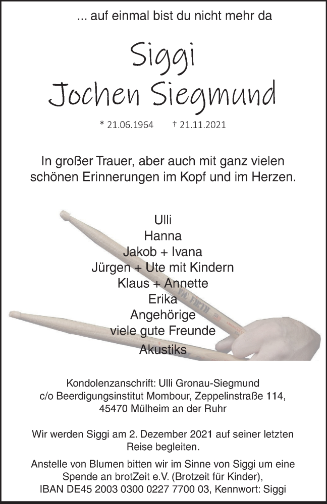  Traueranzeige für Jochen Siegmund vom 27.11.2021 aus WVW/ORA