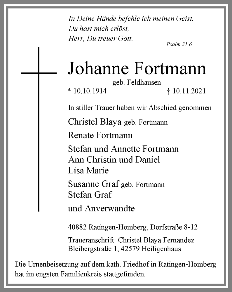  Traueranzeige für Johanne Fortmann vom 27.11.2021 aus WVW/ORA