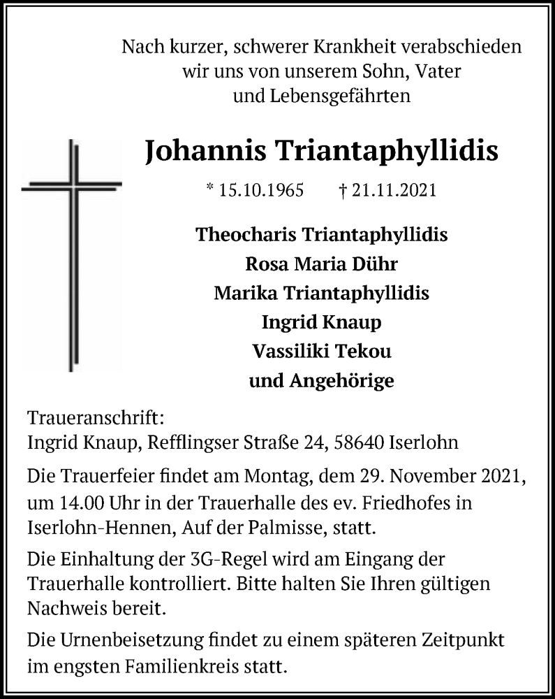  Traueranzeige für Johannis Triantaphyllidis vom 27.11.2021 aus WVW/ORA