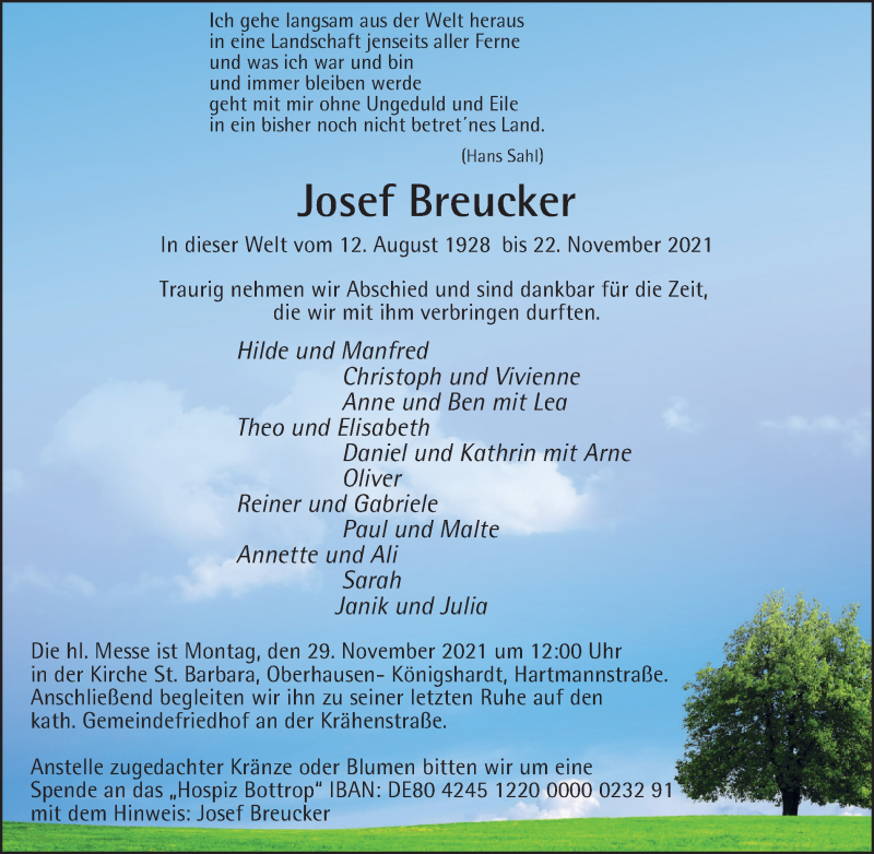  Traueranzeige für Josef Breucker vom 27.11.2021 aus WVW/ORA