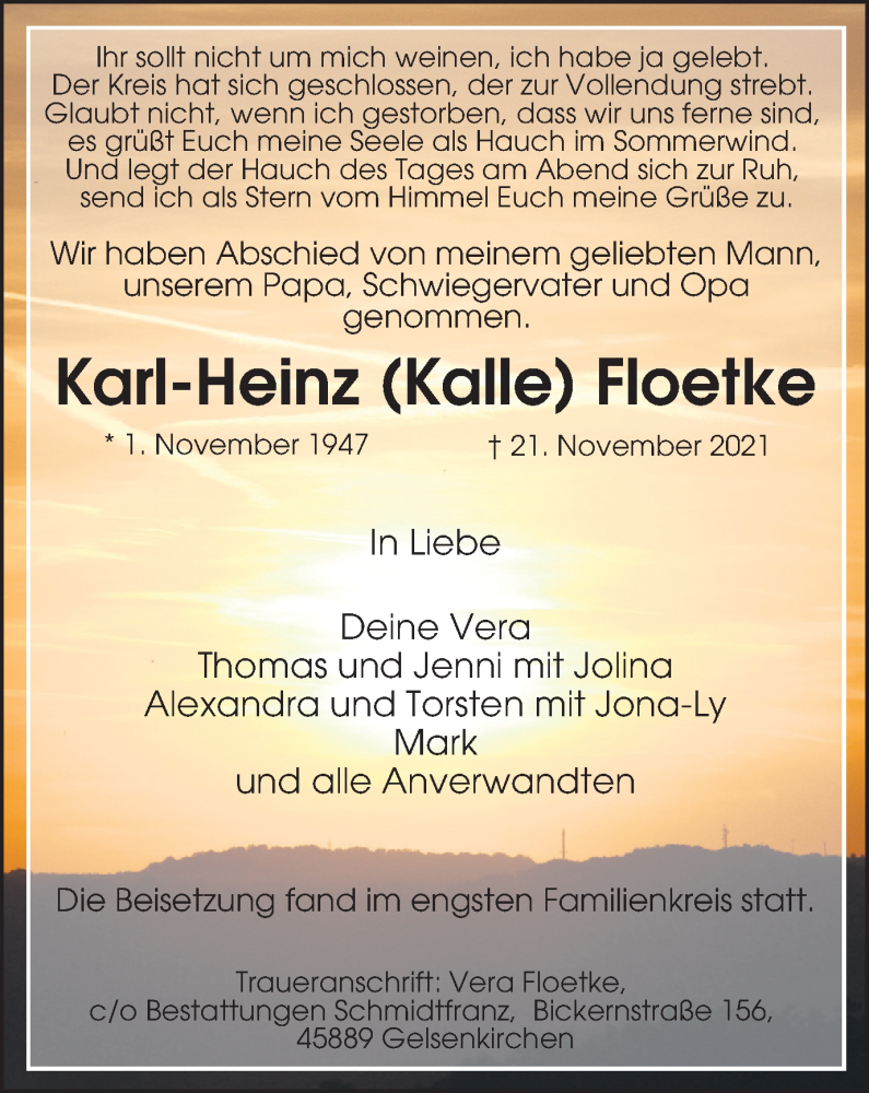  Traueranzeige für Karl-Heinz Floetke vom 27.11.2021 aus WVW/ORA