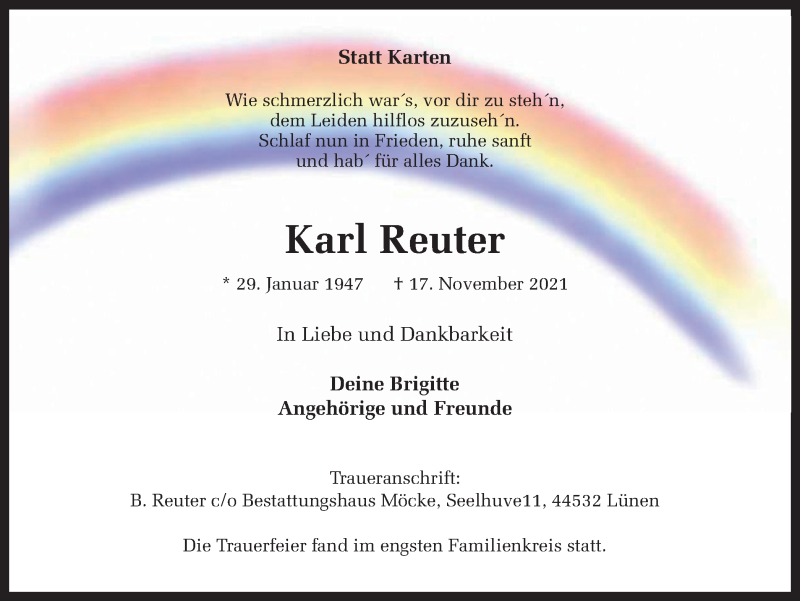  Traueranzeige für Karl Reuter vom 27.11.2021 aus WVW/ORA