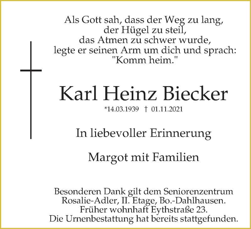  Traueranzeige für Karl Heinz Biecker vom 20.11.2021 aus WVW/ORA