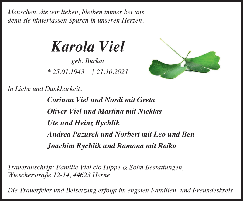  Traueranzeige für Karola Viel vom 10.11.2021 aus WVW/ORA