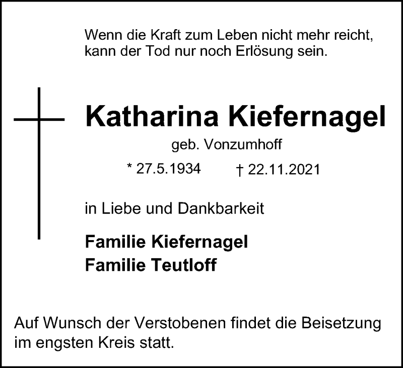  Traueranzeige für Katharina Kiefernagel vom 27.11.2021 aus WVW/ORA