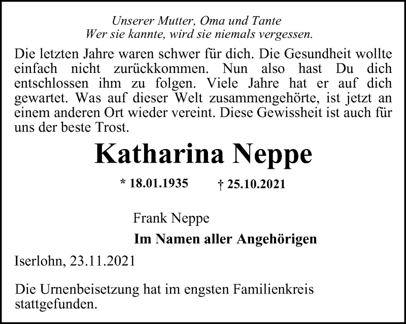  Traueranzeige für Katharina Neppe vom 27.11.2021 aus WVW/ORA