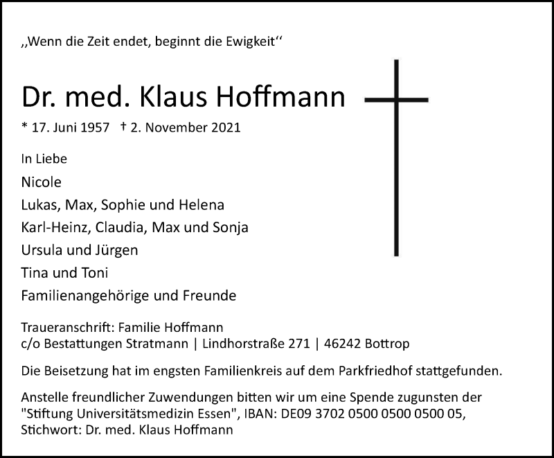  Traueranzeige für Klaus Hoffmann vom 20.11.2021 aus WVW/ORA