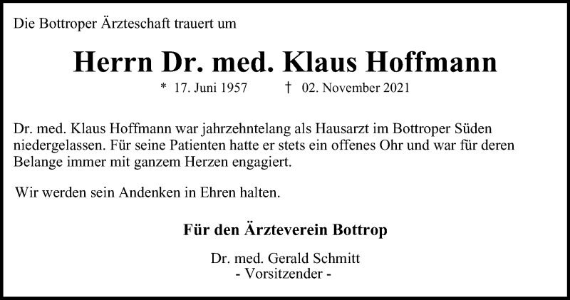  Traueranzeige für Klaus Hoffmann vom 24.11.2021 aus WVW/ORA