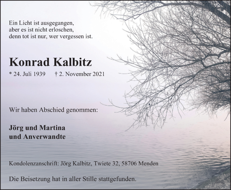  Traueranzeige für Konrad Kalbitz vom 20.11.2021 aus WVW/ORA