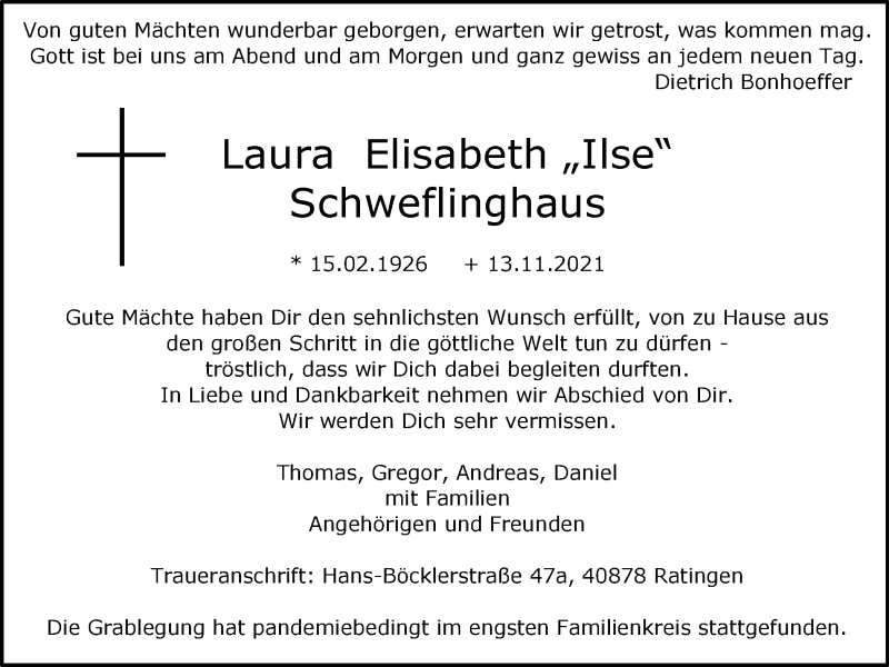  Traueranzeige für Laura Elisabeth Schweflinghaus vom 27.11.2021 aus WVW/ORA