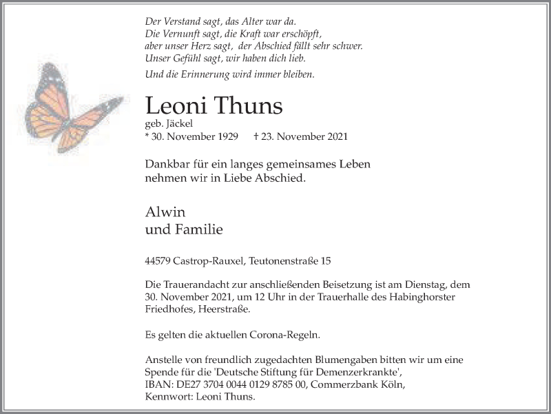  Traueranzeige für Leoni Thuns vom 27.11.2021 aus WVW/ORA