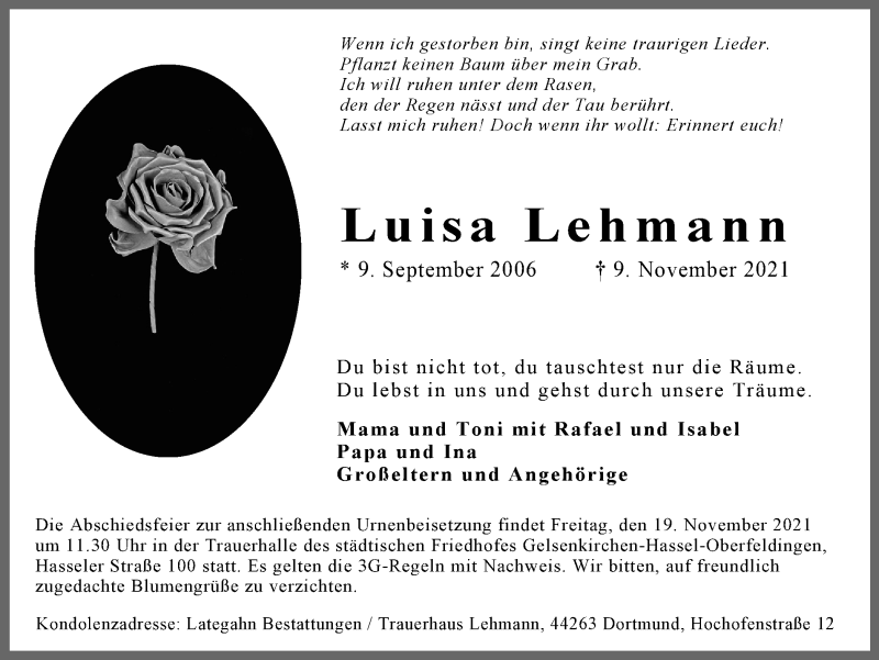  Traueranzeige für Luisa Lehmann vom 17.11.2021 aus WVW Anzeigenblätter