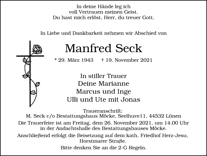  Traueranzeige für Manfred Seck vom 24.11.2021 aus WVW/ORA