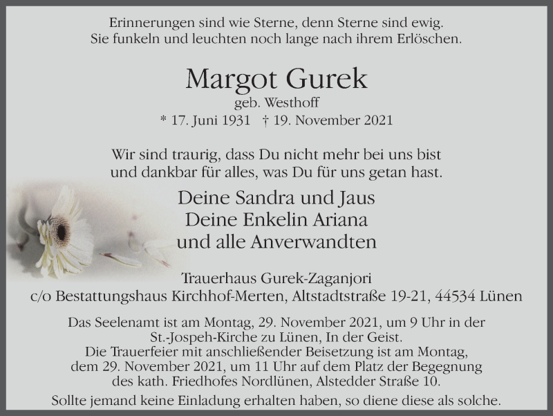  Traueranzeige für Margot Gurek vom 27.11.2021 aus WVW/ORA