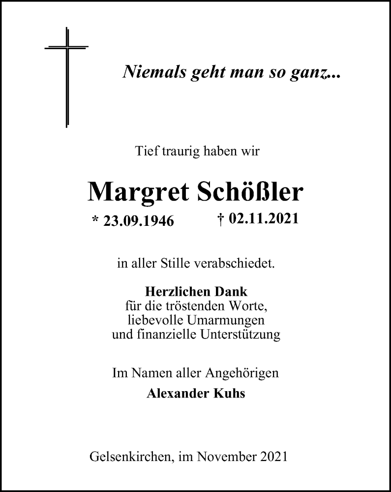  Traueranzeige für Margret Schößler vom 20.11.2021 aus WVW/ORA
