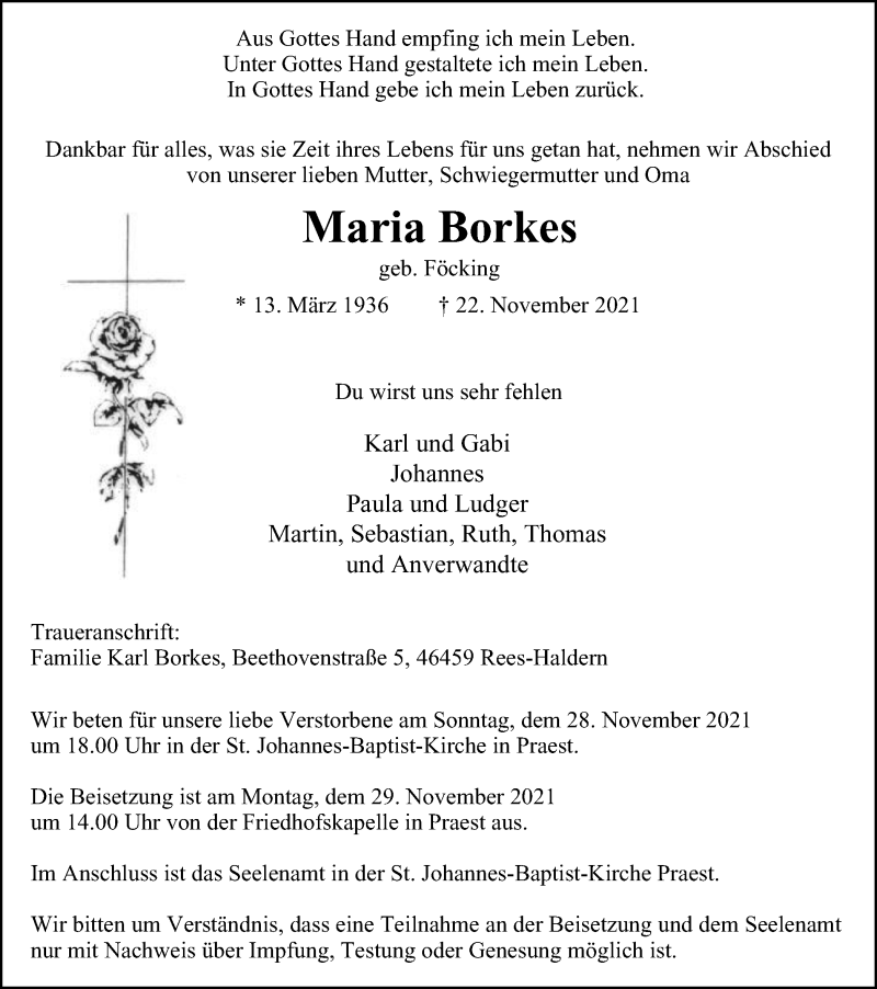  Traueranzeige für Maria Borkes vom 27.11.2021 aus WVW/ORA