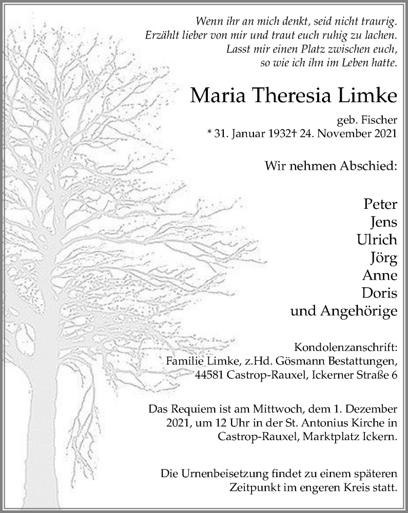  Traueranzeige für Maria Theresia Limke vom 27.11.2021 aus WVW/ORA