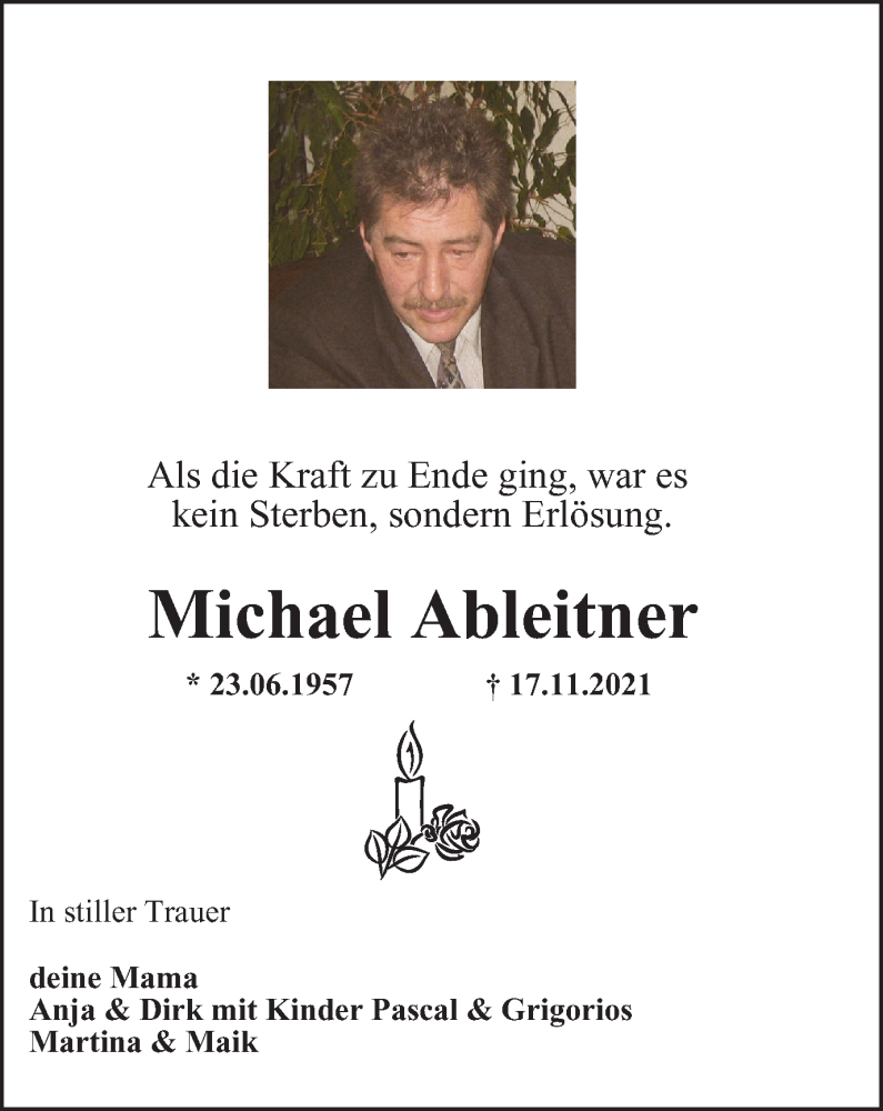  Traueranzeige für Michael Ableitner vom 27.11.2021 aus WVW/ORA