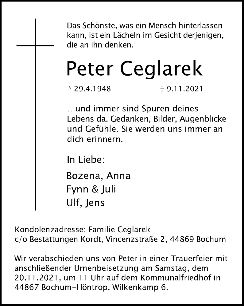  Traueranzeige für Peter Ceglarek vom 17.11.2021 aus WVW Anzeigenblätter