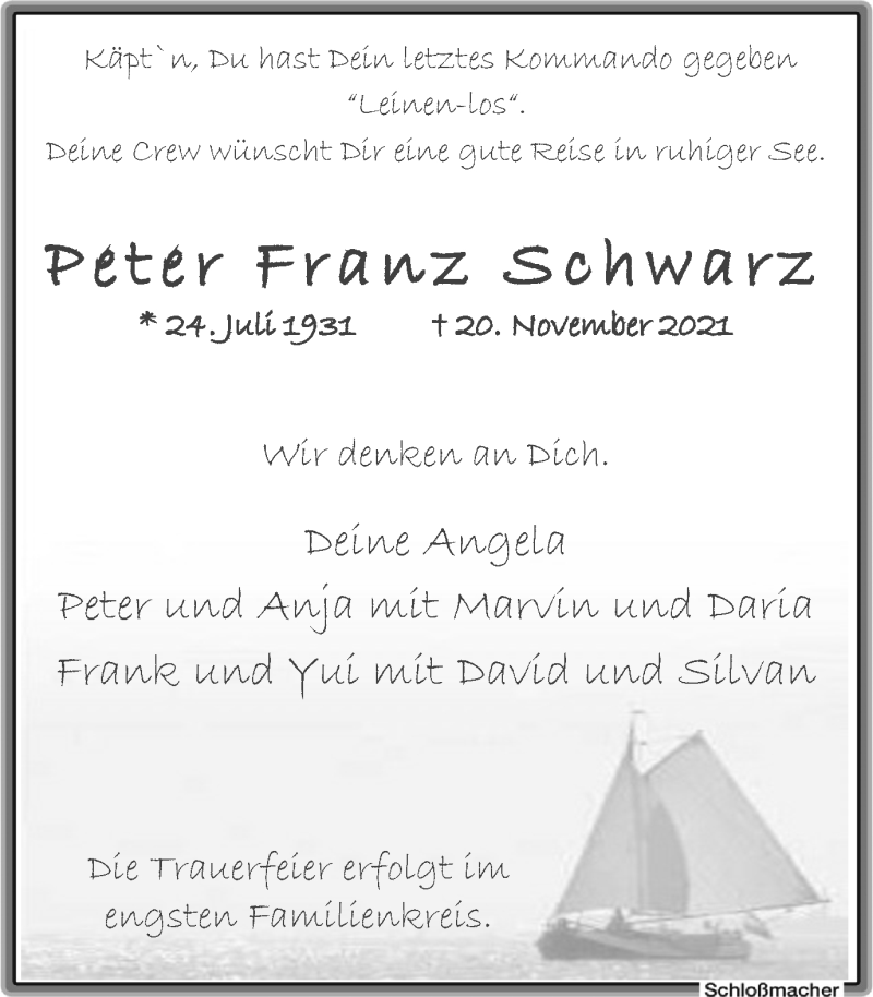 Traueranzeige für Peter Franz Schwarz vom 27.11.2021 aus WVW/ORA