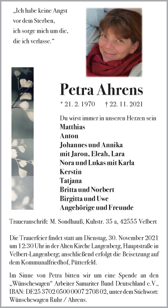  Traueranzeige für Petra Ahrens vom 27.11.2021 aus WVW/ORA
