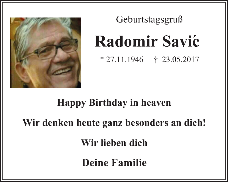  Traueranzeige für Radomir Savic vom 27.11.2021 aus WVW/ORA