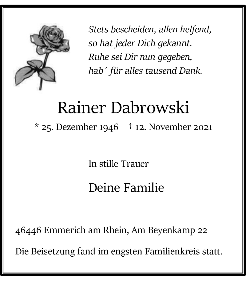  Traueranzeige für Rainer Dabrowski vom 27.11.2021 aus WVW/ORA