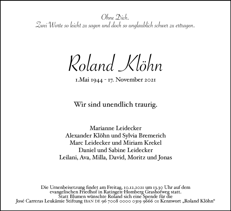  Traueranzeige für Roland Klöhn vom 27.11.2021 aus WVW/ORA