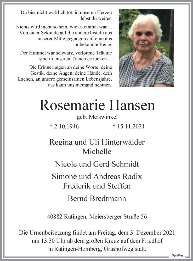  Traueranzeige für Rosemarie Hansen vom 27.11.2021 aus WVW/ORA