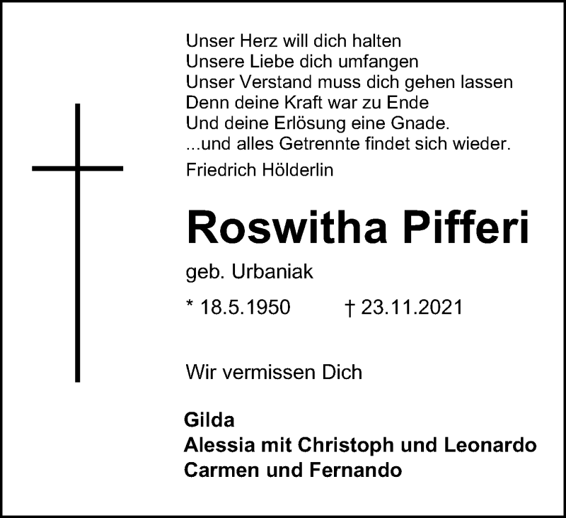 Traueranzeige für Roswitha Pifferi vom 27.11.2021 aus WVW/ORA