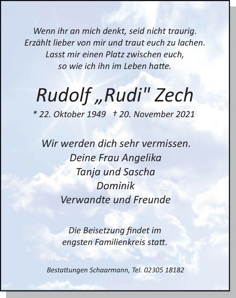  Traueranzeige für Rudolf Zech vom 27.11.2021 aus WVW/ORA