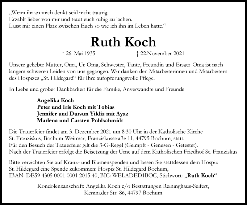  Traueranzeige für Ruth Koch vom 27.11.2021 aus WVW/ORA